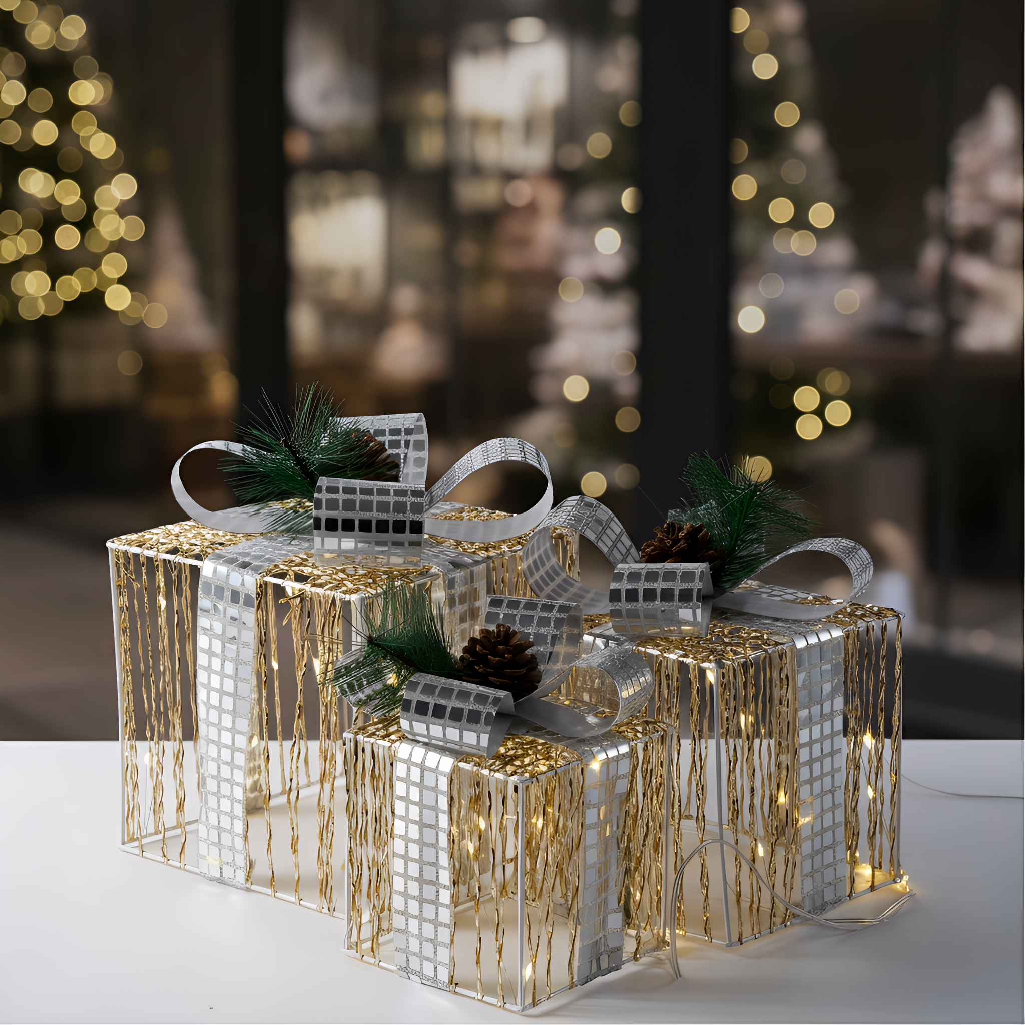 Set of 3 Gift Box LED Decoration Lights with Silk Wrapped
