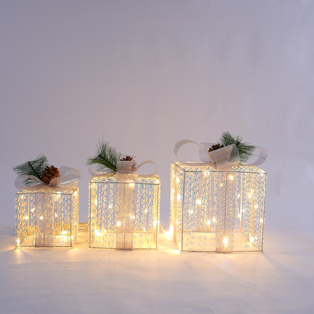 Set of 3 Gift Box LED Decoration Lights with Silk Wrapped